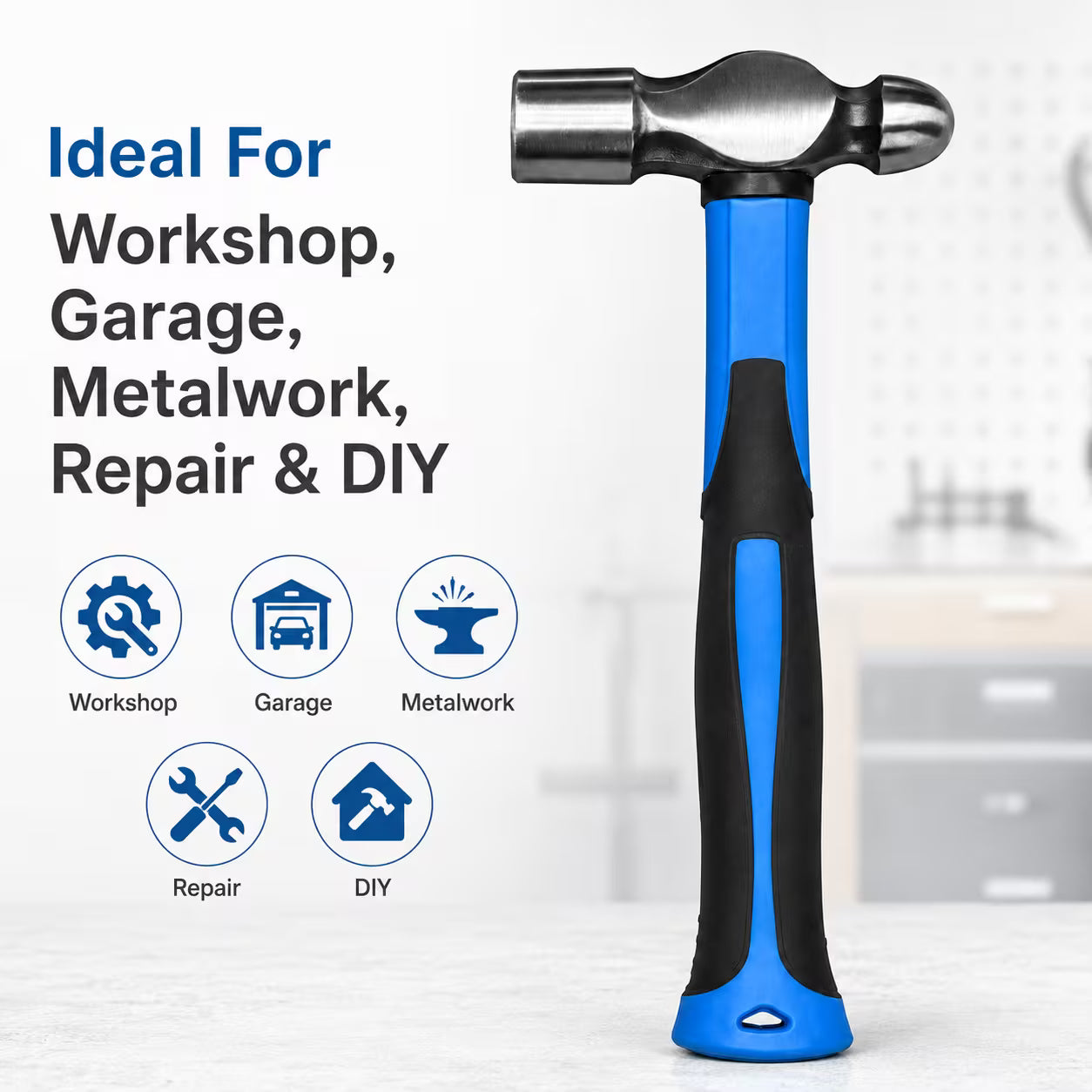 1 lb Fiberglass Handle Ball Pein Hammer (Blue/black) - Heavy Duty Steel Head & Non-Slip Grip Hand Tool for Workshop, Metalwork & DIY Repairs