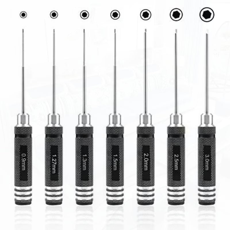 7pcs Hex Screwdriver Set - Black, 0.9mm, 1.27mm, 1.3mm, 1.5mm, 2.0mm, 2.5mm & 3.0mm Precision Hex Tools, Aluminum Alloy Handle, RC Model Repair Kit for Cars, Boats, Helicopters & Drones