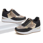 Women's Vintage Wedge Platform Sneakers – Letter Print, Metal Side Zipper, Breathable Mesh