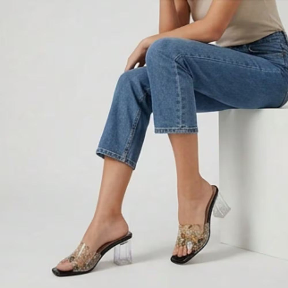 Desai Women's Clear Chunky Heel Mules – Transparent Ankle Strap Square Toe Sandals