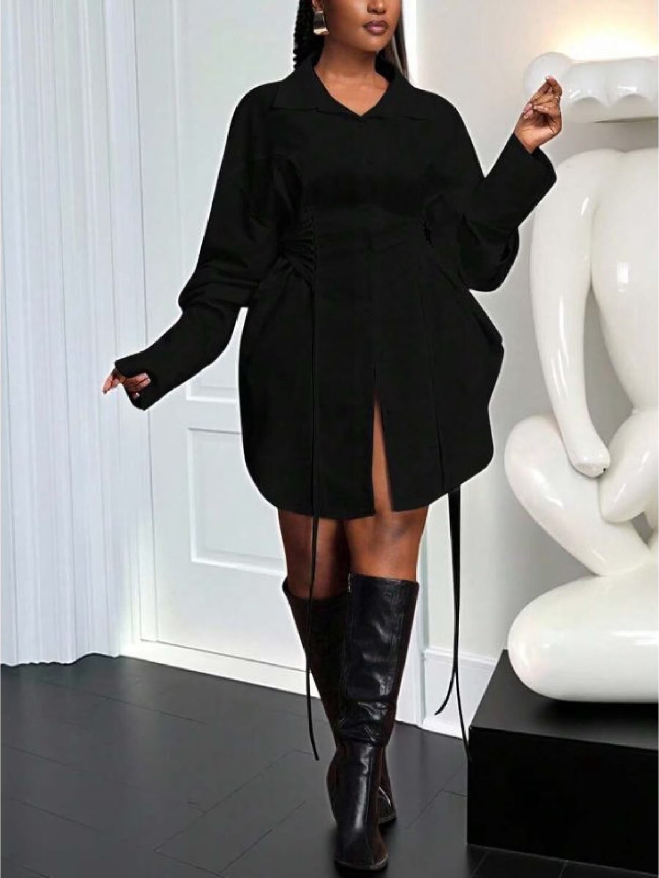 Plus Size Women’s A-Line Dress with Puff Sleeves, Tie Waist & Zipper