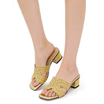 Women's Rhinestone Mule Sandals – Square Toe, Block Heel, Glittery Cut-Out Design