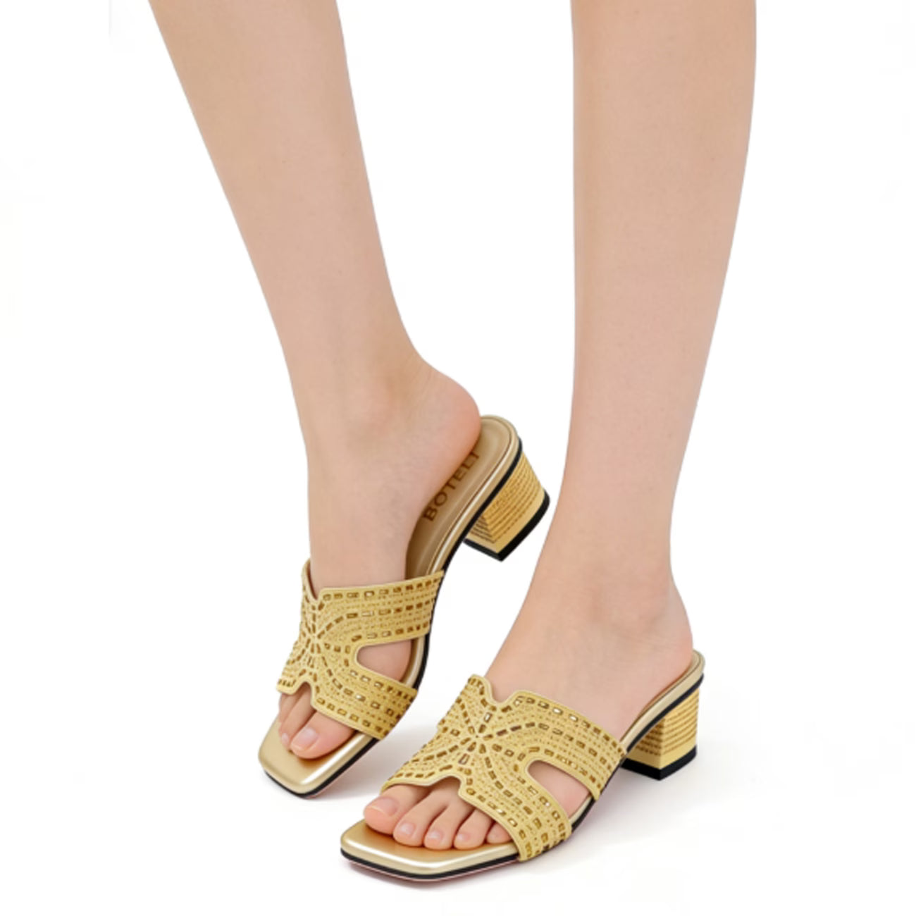 Women's Rhinestone Mule Sandals – Square Toe, Block Heel, Glittery Cut-Out Design