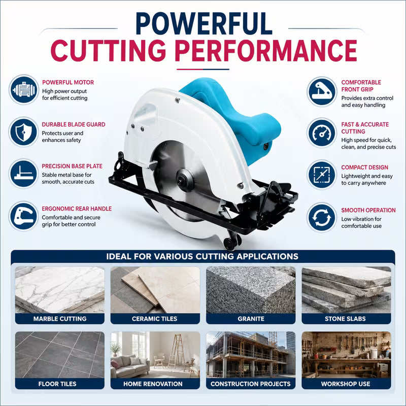 1100W Handheld Electric Circular Saw (Blue, white) – 185mm Blade, 4900 RPM Adjustable Wood Cutting Tool