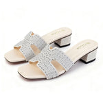 Women's Rhinestone Mule Sandals – Square Toe, Block Heel, Glittery Cut-Out Design