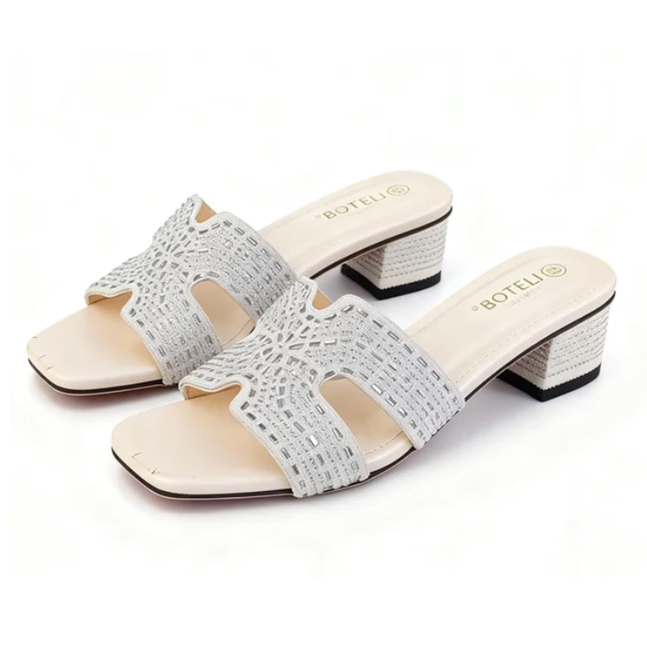 Women's Rhinestone Mule Sandals – Square Toe, Block Heel, Glittery Cut-Out Design