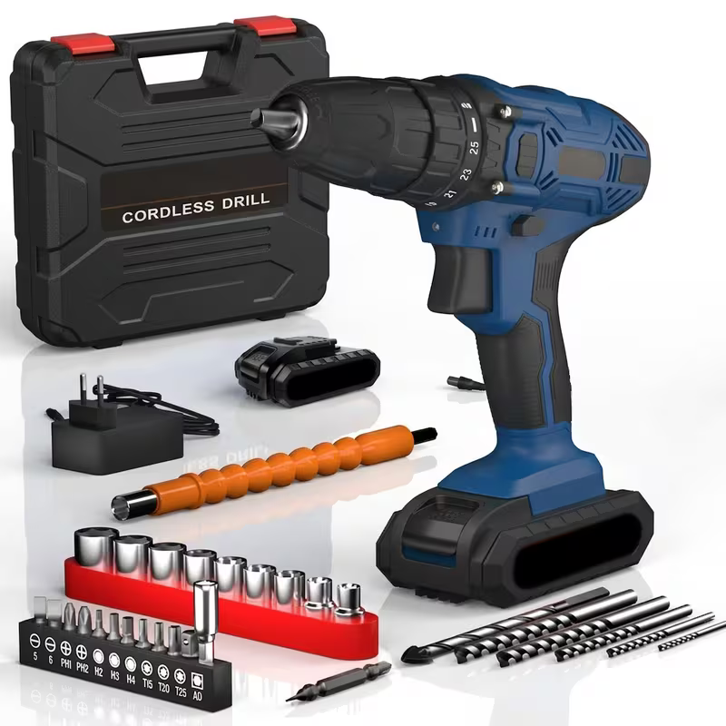 Assorted 21V Cordless Drill Set - 29-Piece Electric Combi Drill, 45Nm Power, 25+1 Torque Settings, 2-Speed Variable Control, 10mm Keyless Chuck, 1500mAh Li-Ion Battery, LED Work Light, Accessories And Storage Case for Home, Workshop And DIY Projects