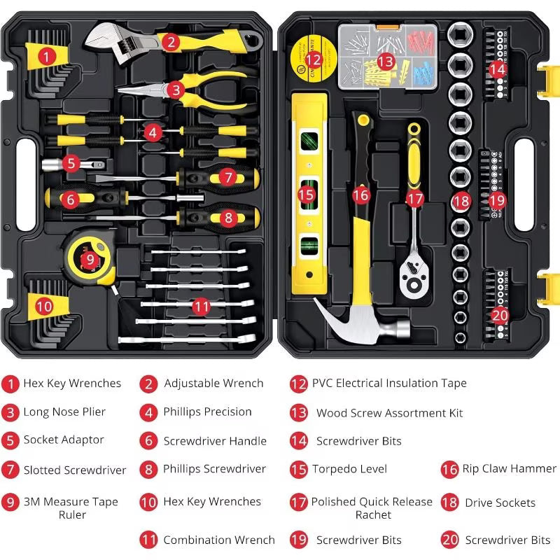 108pcs Home & Car Tool Kit – Yellow & Black, Portable Hand Tool Set with Organizer Box for Home Repair, Automotive Maintenance, DIY & Workshop