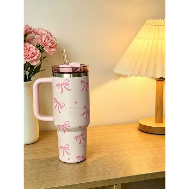 40oz Stainless Steel Tumbler – Pink Floral Design, Straw, Double-Wall Insulated Cup