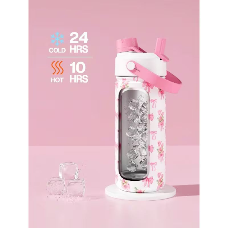 Heart Bow Insulated Water Bottle – 26/40oz Stainless Steel, Straw & Spout Lid