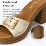 Women’s Metal Buckle Mule Sandals – Retro Wood-Texture Block Heel Slip-On Shoes