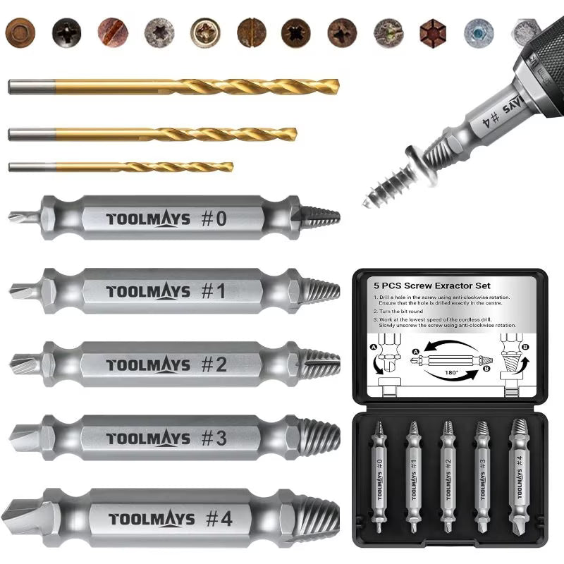 8pcs Damaged Screw Extractor Set - Metal HSS Screw Remover Kit, 3 Twisted Drill Bits, Stubborn Screw & Bolt Removal Tools, Rusted Screw Extractor Set for Home, Workshop & DIY