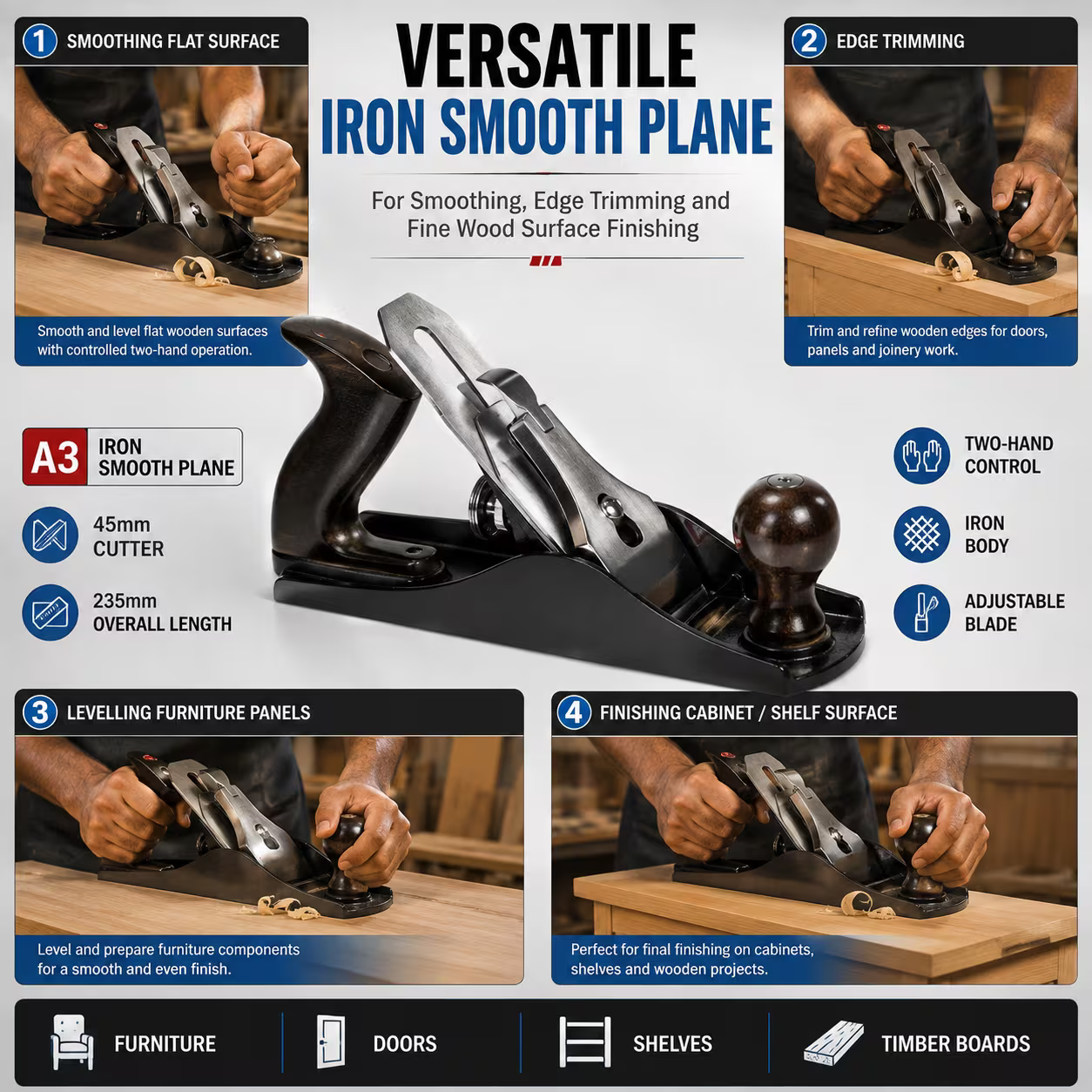A3 Iron Hand Plane – Black, 45mm Adjustable Cutter, 235mm Manual Wood Planer for Woodworking, Timber Trimming, Surface Levelling & Furniture Finishing