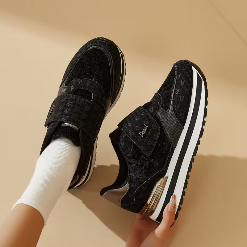 Women's Wedge Platform Sneakers – Patch Strap, Breathable Mesh, Height-Increasing