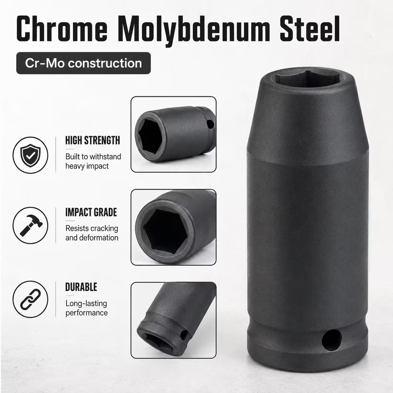 12mm Deep Impact Socket – Black, 1/2-Inch Drive, 6-Point CR-Mo Steel Socket, Long Reach for Impact Wrench, Ratchet & Breaker Bar