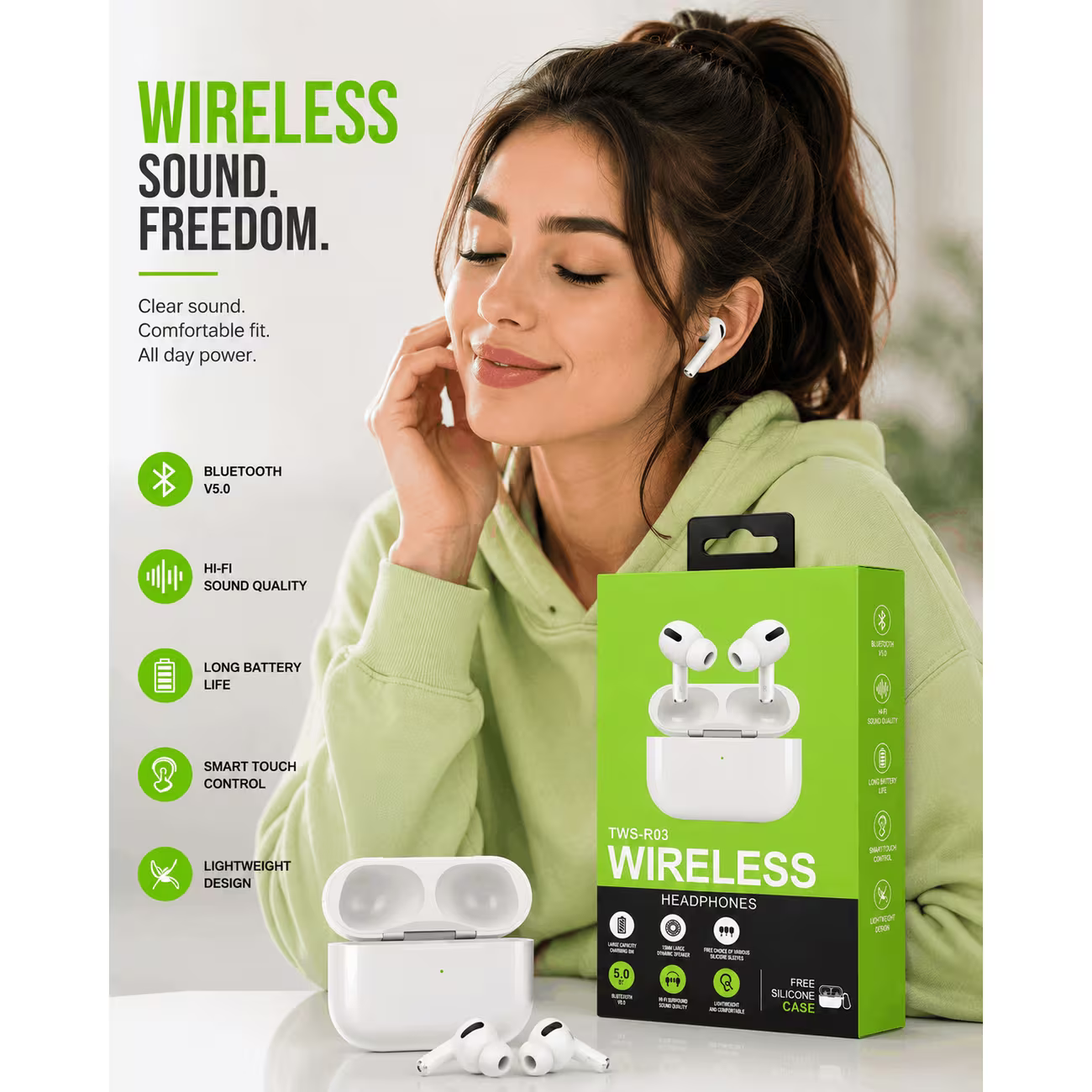 Wireless Bluetooth Earbuds with Charging Case – Green