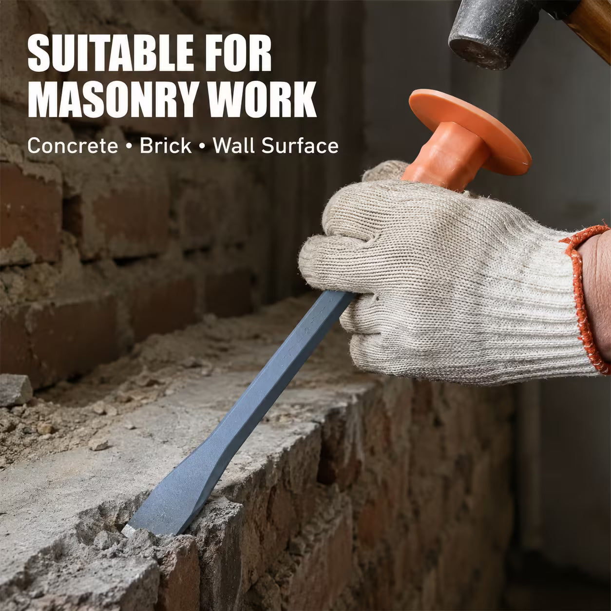 300mm Flat Masonry Chisel with Hand Guard (Gray) - 16 x 23mm Reinforced Hand Chisel for Concrete, Brick & Wall Work