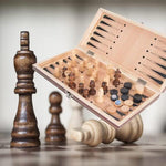 3-in-1 Wooden Chess Set with Foldable Board - Brown Wood Table Game System for Chess, Checkers & Backgammon, Portable Travel Board Game, Classic Strategy Set for Adults & Families