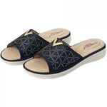 Women’s Rhinestone Platform Slide Sandals – Open-Toe Wedge Shoes with V-Metal Accents
