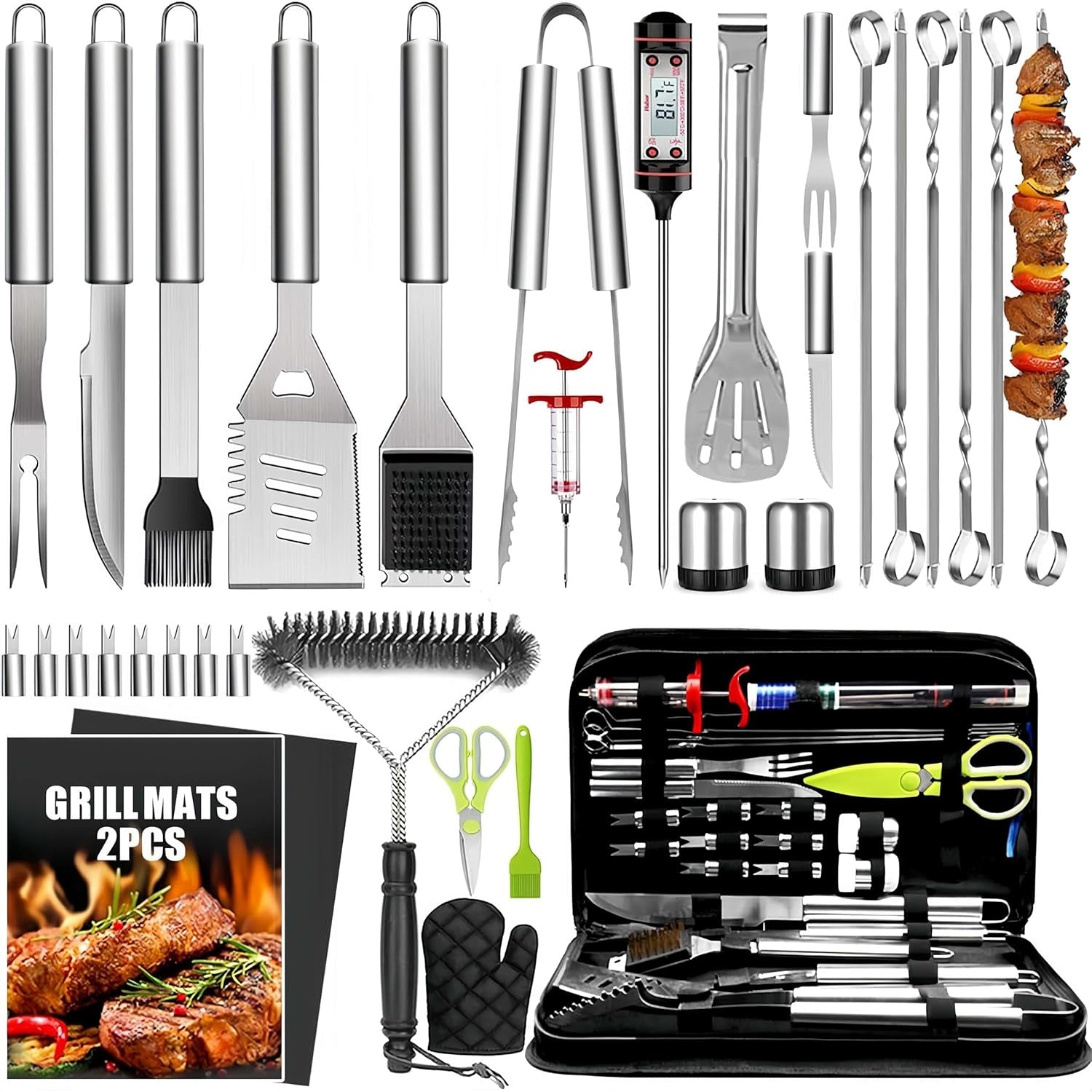 34-Piece Stainless Steel BBQ Grill Tool Set with Carry Bag & Heat-Resistant Gloves