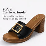 Women’s Metal Buckle Mule Sandals – Retro Wood-Texture Block Heel Slip-On Shoes