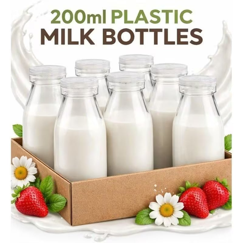 LUXORAQ 200ml Clear Juice Bottles – 12-Pack Reusable Plastic Bottles with Leak-Proof Lids