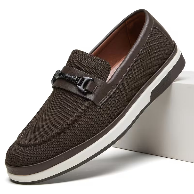 Pack Platinum Collection Men's Mesh Loafers - Navy & Dark Brown, Golden Metal Buckle Design Business Casual Shoes, Breathable Lightweight Wear-Resistant Versatile Flat Shoes