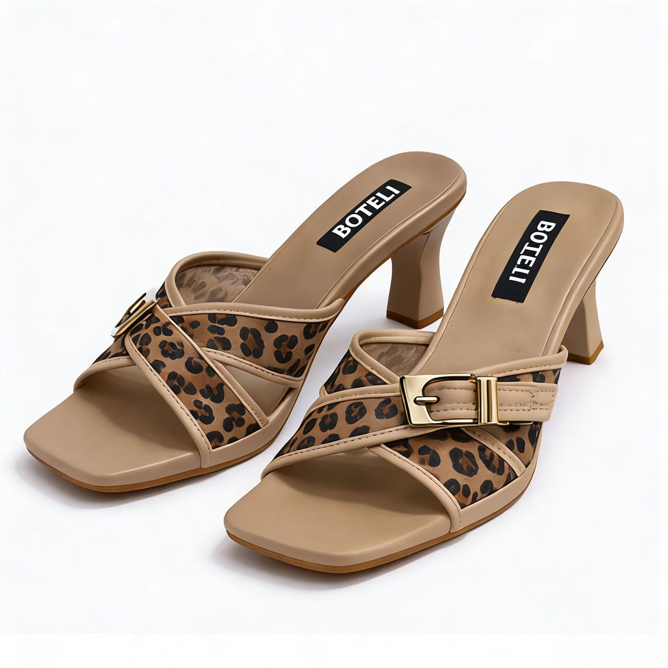 Women's Leopard Print Mule Sandals – Crisscross Straps, Square Toe, High Heel