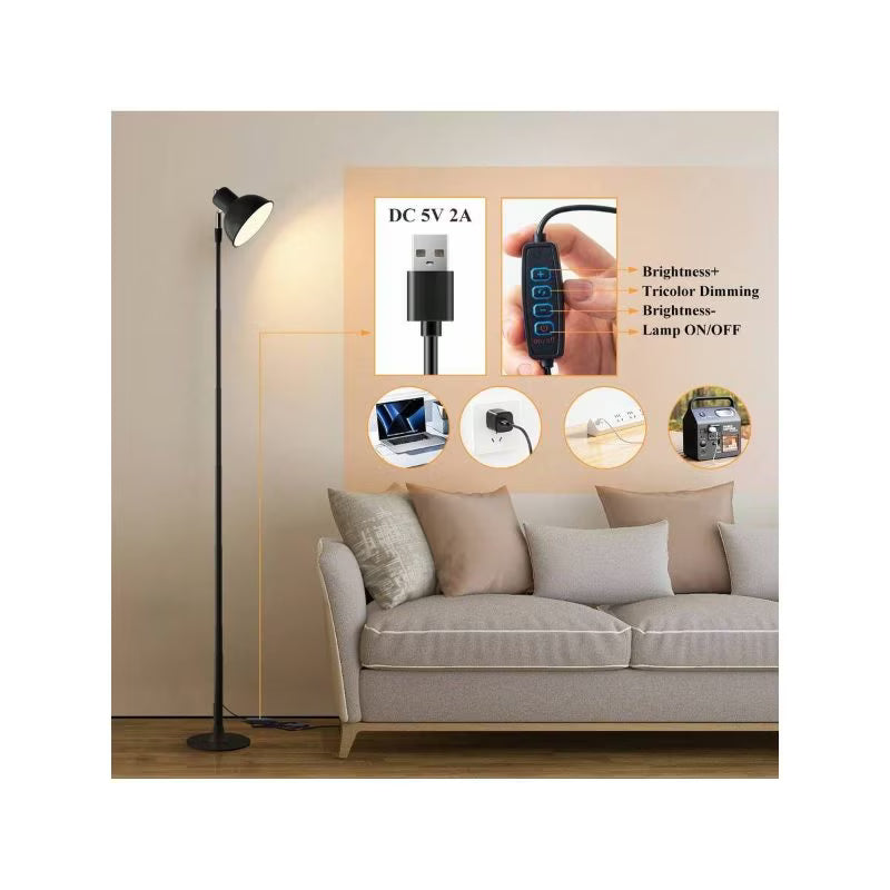 144.78cm Modern LED Floor Lamp - Black, Dimmable Standing Reading Lamp, 3000K-6500K Adjustable Color Temperature, Touch Switch, Adjustable Brightness & Height, USB Powered, Stylish Floor Light for Bedroom & Living Room