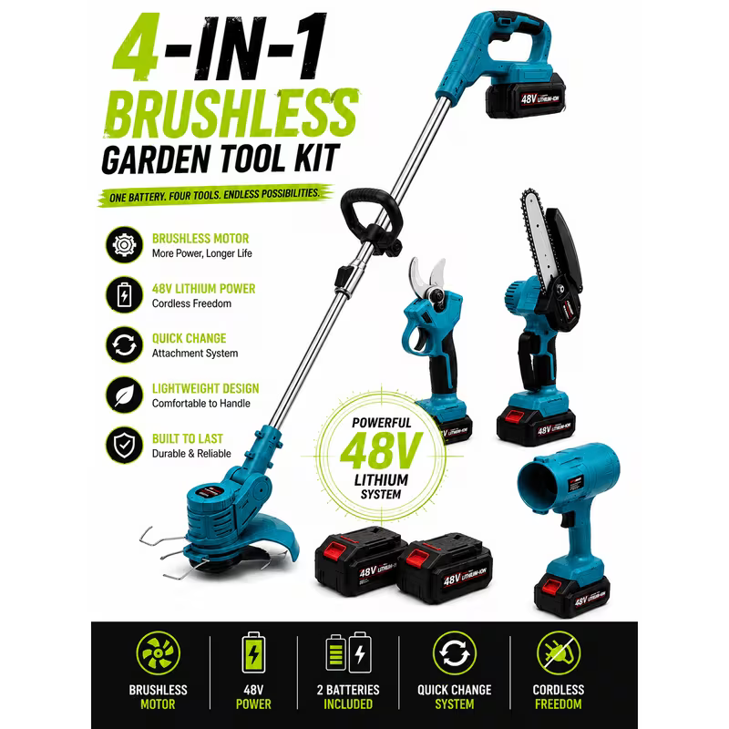 4-in-1 Cordless Garden Tool Kit - 48V, Grass Trimmer, Electric Pruner, Mini Chainsaw & Leaf Blower, Brushless Motor, Quick-Change Attachments, 2 Rechargeable Batteries, Charger & Accessories