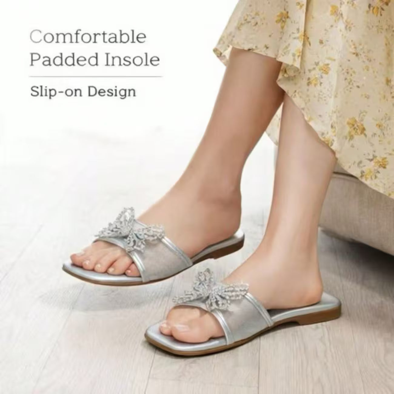 Women’s Rhinestone Butterfly Slide Sandals – Square-Toe Flat Summer Shoes