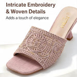 Women's Square-Toe Mule Sandals – Embroidered Mesh, Spool Heel, Golden Thread Detail