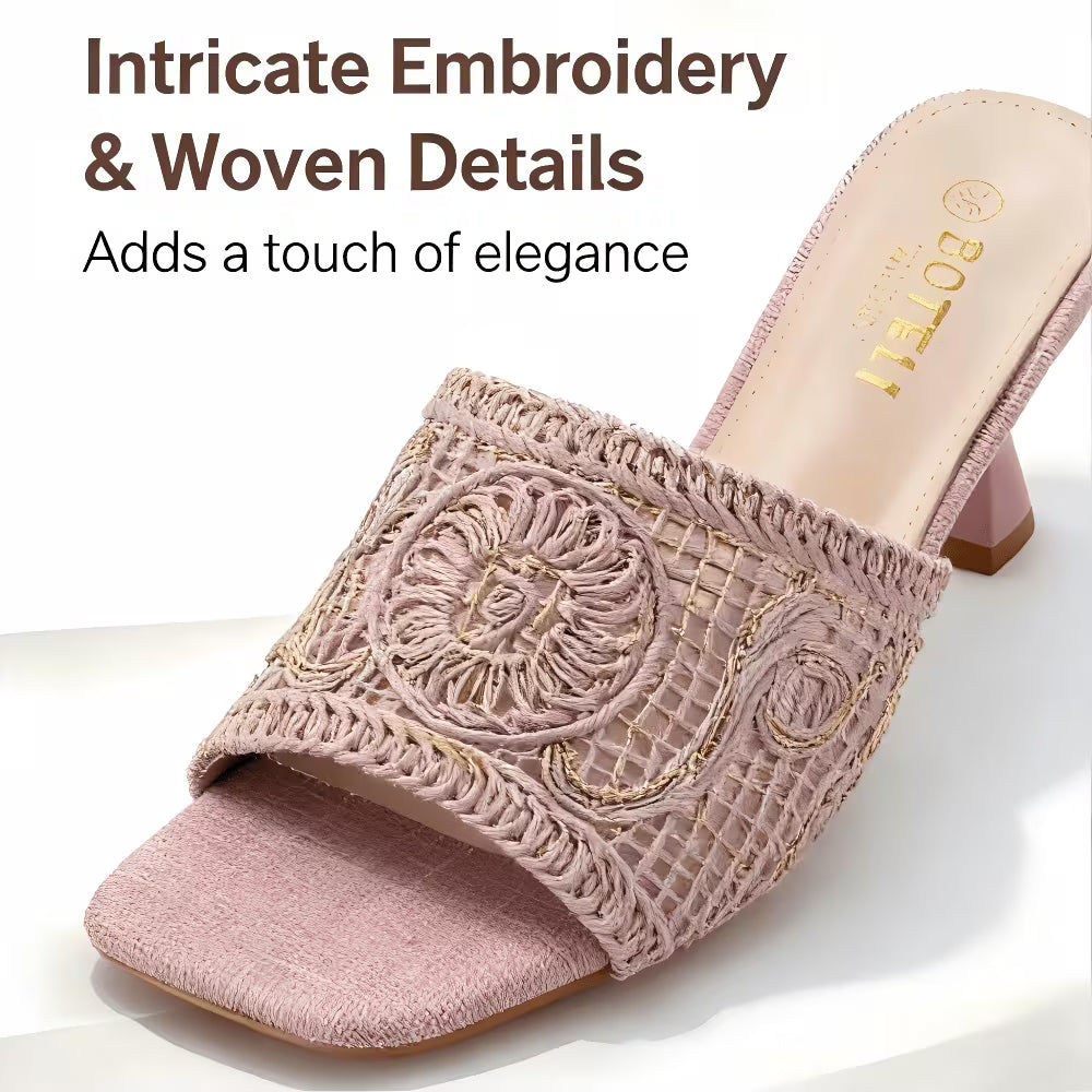 Women's Square-Toe Mule Sandals – Embroidered Mesh, Spool Heel, Golden Thread Detail