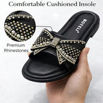 Women’s Rhinestone Bow Square-Toe Slide Sandals – Cushioned Flat Summer Shoes