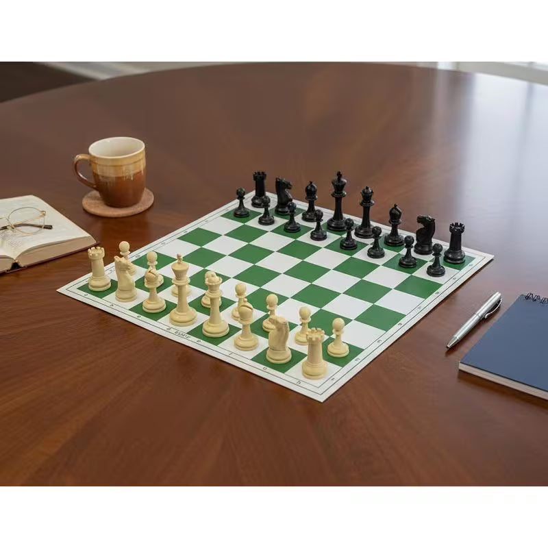 43.18cm X 43.18cm Tournament Chess Vinyl Foldable Chess Set - Green Chess Board with Solid Plastic Pieces, Professional Tournament Chess Game, Portable Foldable Board for Adults & Players