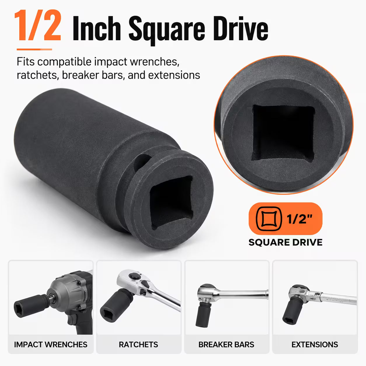 27mm Deep Impact Socket – Black, 1/2-Inch Drive, Long CR-Mo 6-Point Socket for Impact Wrench, Ratchet & Automotive Repair