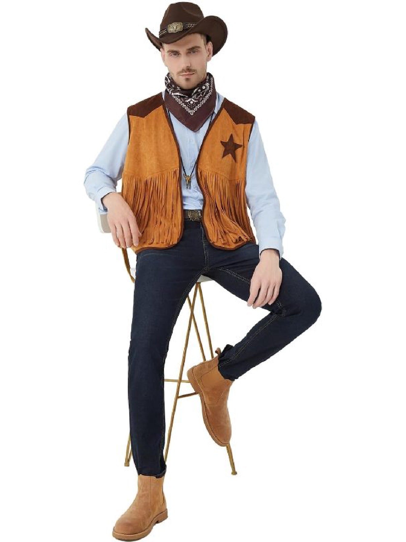 Men’s 5-Piece Western Cowboy Costume Set (XXL) – Fringe Vest, Hat, Buckle Belt & Necktie Necklace for Halloween Cosplay
