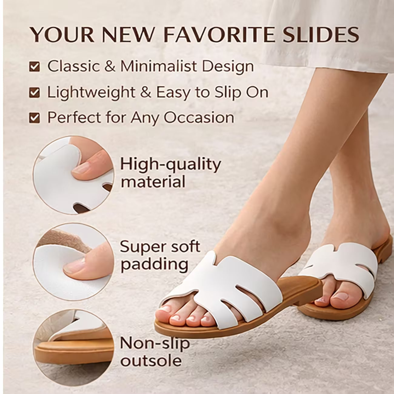 Women’s Low-Heel Slide Sandals – Cut-Out H-Strap Open-Toe Casual Shoes