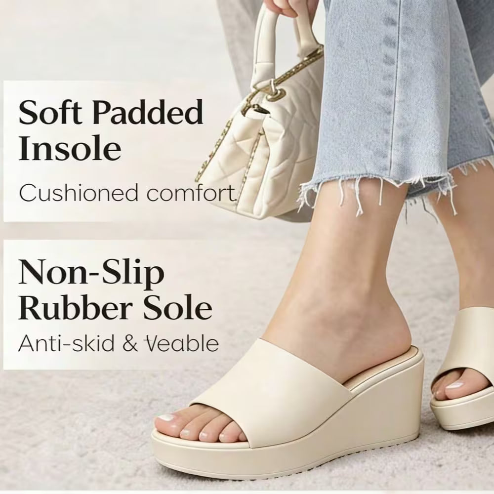 Women's Wedge Heel Mule Sandals – Platform Peep Toe, Cushioned Slip-On Design