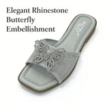 Women’s Rhinestone Butterfly Slide Sandals – Square-Toe Flat Summer Shoes