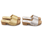 Women's Woven Rattan Mule Slides – Metallic Square Toe, Block Heel Sandals