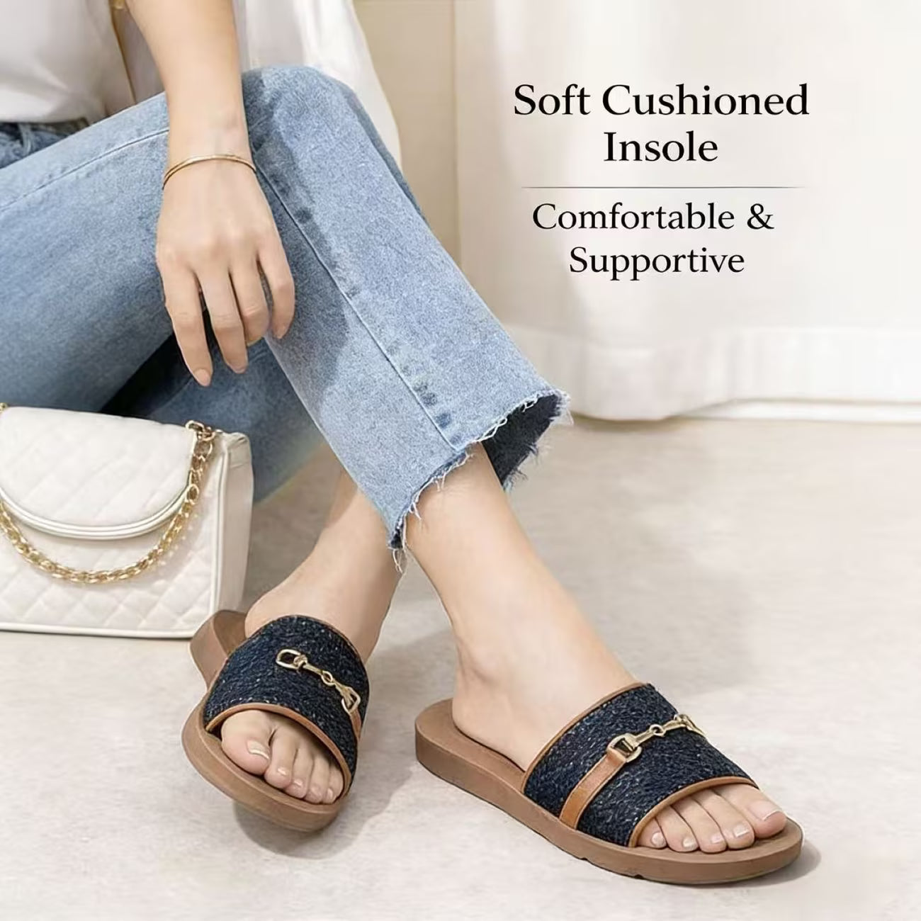 Women’s Flat Sandals with Golden Metal Accents – Open-Toe Summer Shoes