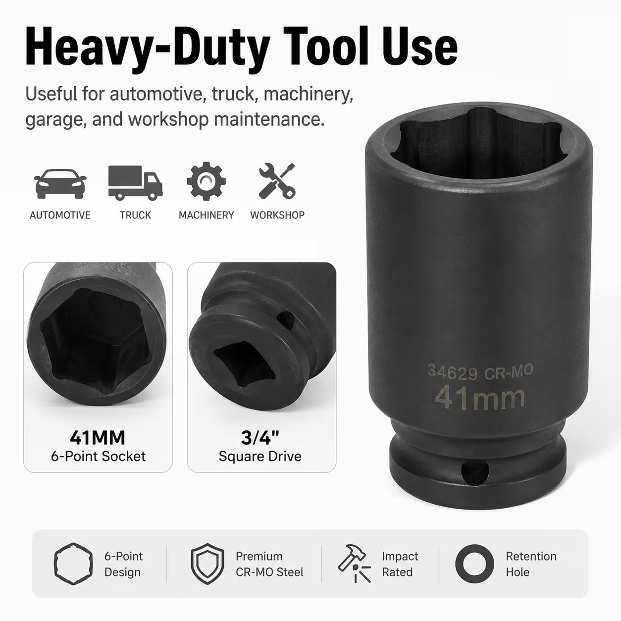 41mm Deep Impact Socket - Black, 3/4 Inch Square Drive, Cr-Mo Steel 6-Point Socket, Heavy-Duty Deep Socket for Impact Wrench, Ratchet & Breaker Bar, Automotive & Machinery Repair