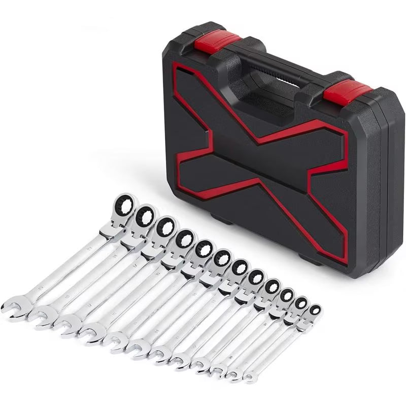12pcs Flexible Ratchet Wrench Set (8mm-19mm) (silver/gray) - Metric Combo Flex-Head Spanner Kit, Chrome Vanadium Steel with Storage Box
