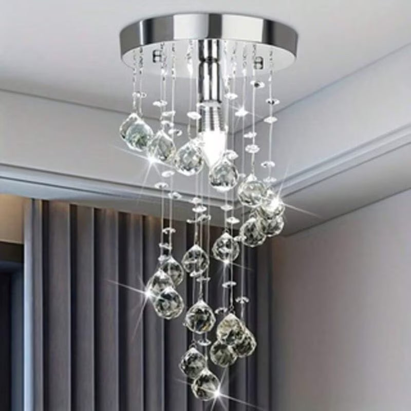 1pc Elegant Crystal Pendant Light - Clear Crystal & Brushed Metal, Modern Semi Flush Mount Ceiling Light, Wired 220-240V, Traditional Chandelier Style, Metal Shade, Suitable for Living Room, Bedroom, Kitchen, Office & Bathroom