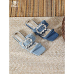 Women’s Denim Rhinestone Sandals – Tassel Low-Heel Summer Shoes