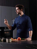 Men’s Blue Long-Sleeve Chef Uniform in Blue (Size: AE XXS) – Professional Luxury Hotel & Restaurant Culinary Jacket