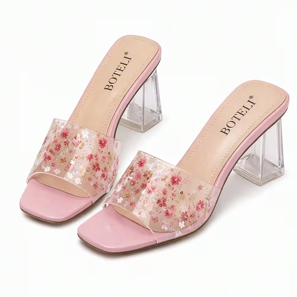 Desai Women's Clear Chunky Heel Mules – Transparent Ankle Strap Square Toe Sandals