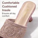 Women's Square-Toe Mule Sandals – Embroidered Mesh, Spool Heel, Golden Thread Detail