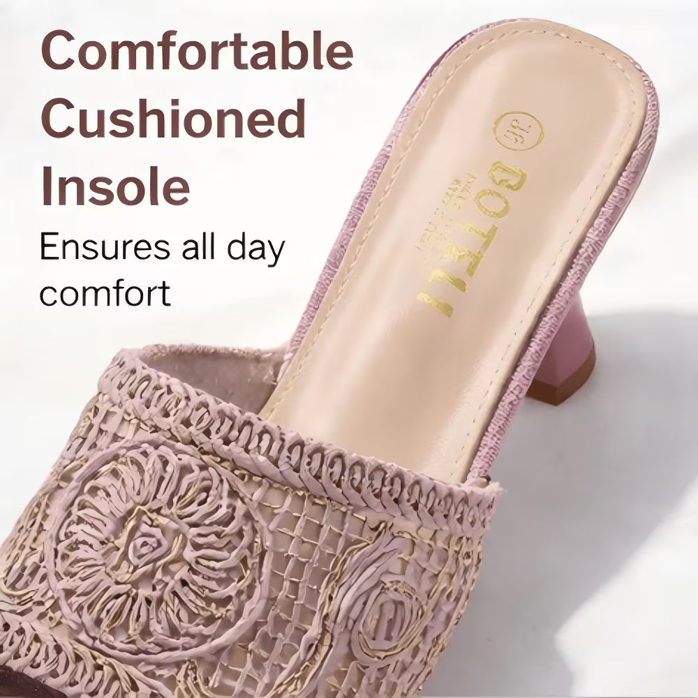Women's Square-Toe Mule Sandals – Embroidered Mesh, Spool Heel, Golden Thread Detail